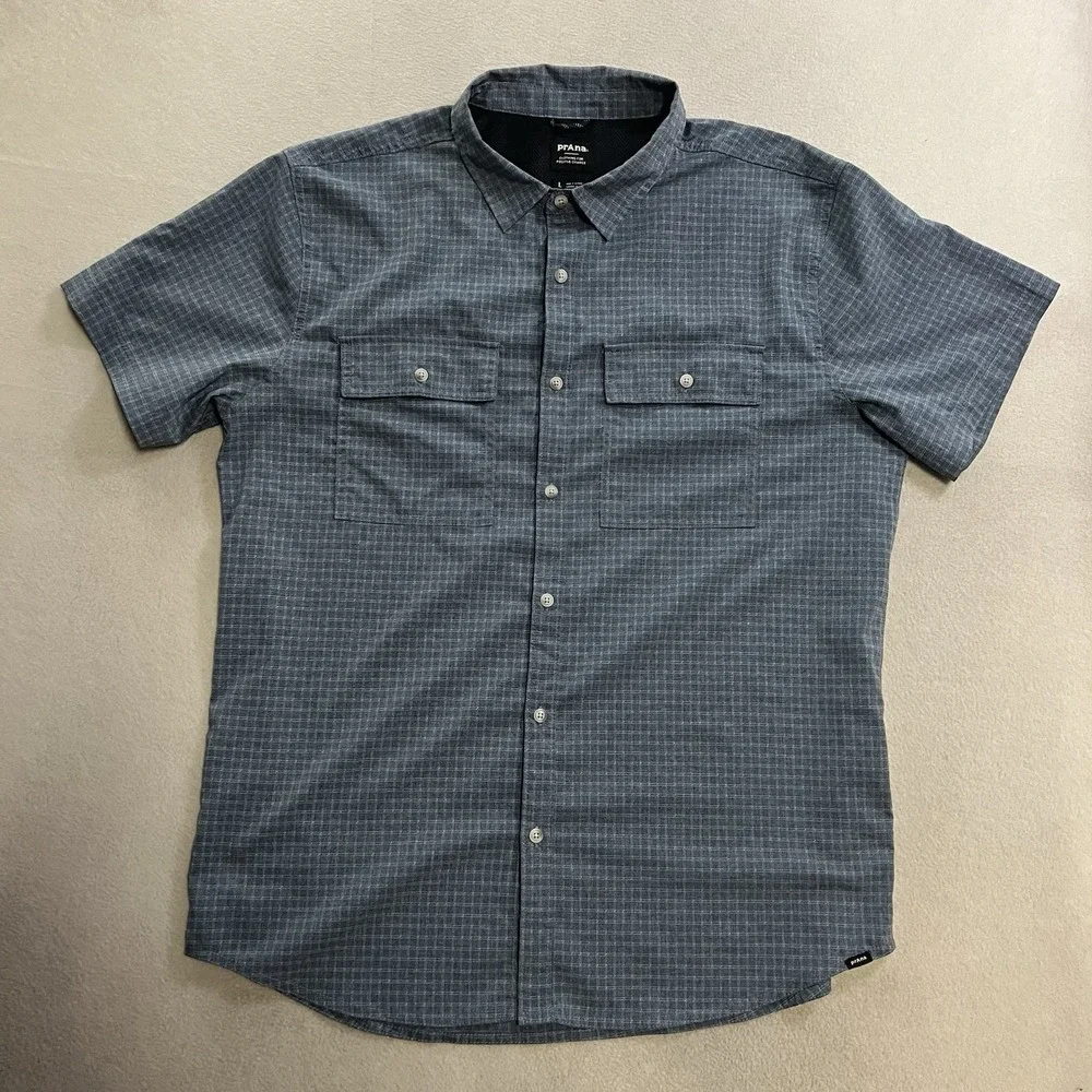 Prana Shirt Mens Size Large Blue Check Shirt Sleeve Button Up Performance Hiking